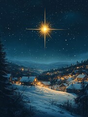 Naklejka premium A bright star shines over a snowy village during a winter night. Generative AI