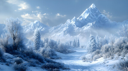 A peaceful winter scene featuring majestic snowy mountains and a quiet forest pathway. Generative AI