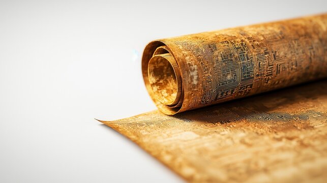 Rolled parchment paper with an antique texture on a white isolate background.