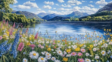 Scenic Mountain Lake with Colorful Wildflowers
