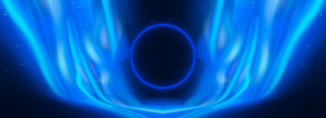 Abstract blue neon background with waves, northern lights, ice tunnel.