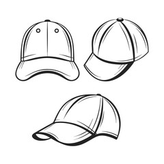 Baseball Cap Silhouette outline Vector Set in white background.