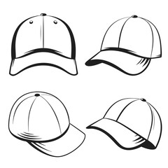 Baseball Cap Silhouette outline Vector Set in white background.