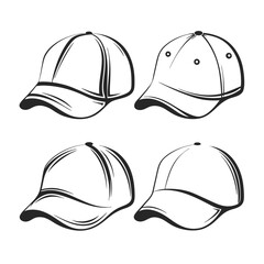 Baseball Cap Silhouette outline Vector Set in white background.