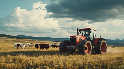 Obraz premium Tractor working in a field with cows grazing under a cloudy sky.