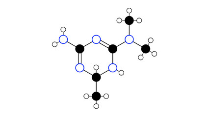 imeglimin molecule, structural chemical formula, ball-and-stick model, isolated image twymeeg