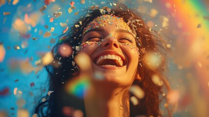 A person shredding a wedding photo, laughing joyfully, with a rainbow appearing behind them