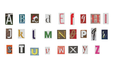 Set of cut-out English alphabet letters from magazines on a transparent background, retro y2k style