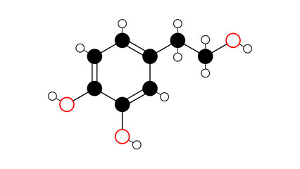 hydroxytyrosol molecule, structural chemical formula, ball-and-stick model, isolated image phenylethanoid