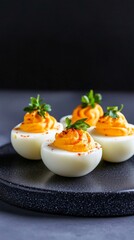 Elegant Deviled Eggs Garnished with Herbs on a Black Plate - Gourmet Food Photography Trend