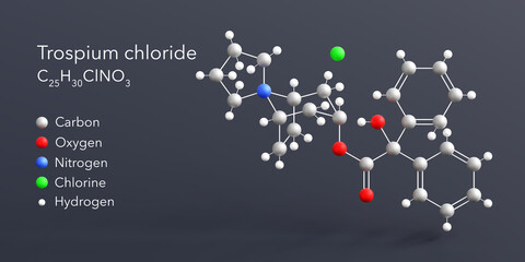 trospium chloride molecule 3d rendering, flat molecular structure with chemical formula and atoms color coding