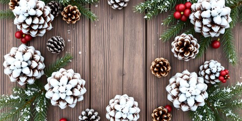 Snowy pinecones and fir on rustic wood with open center