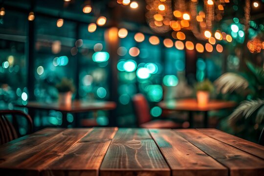 Rustic wooden table with vibrant bokeh lights in the background, providing a warm and welcoming atmosphere ideal for restaurant or cafe settings, highlighting casual elegance.
