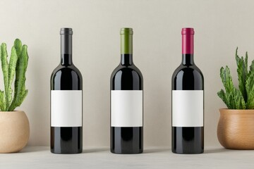 Fototapeta premium Minimalist Wine Bottle Display with Blank Labels Surrounded by Green Potted Plants on Neutral Background