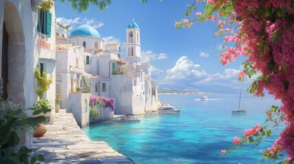 Fototapeta premium Ultra Realistic Mediterranean coastal village, white-washed buildings, blue domed churches, bougainvillea flowers and clear waters, beach in Greece