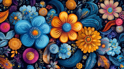 A vibrant and colorful seamless pattern featuring a variety of stylized flowers in shades of blue, orange, yellow, pink, and purple against a dark background.