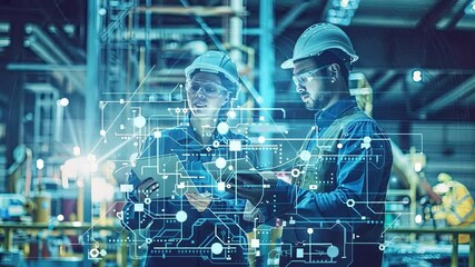Tech-Savvy Industrial Engineers:  A futuristic image of two engineers collaborating amidst industrial machinery, utilizing advanced digital technology.  The scene exudes innovation and efficiency.