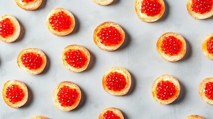 Brus c h e t t e with butter red caviar, on gray background, top view flat lay