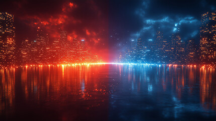 Fototapeta premium Stark comparison of each party’s values, with red and blue lights defining each side.