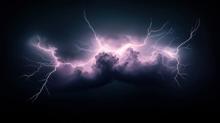 Dramatic depiction of a thunderstorm with vivid lightning bolts striking through dark storm clouds against a night sky.