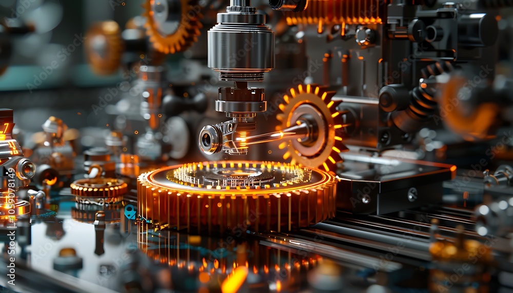 Poster A close-up view of intricate mechanical parts featuring glowing gears and high-tech machinery elements designed for precision engineering.