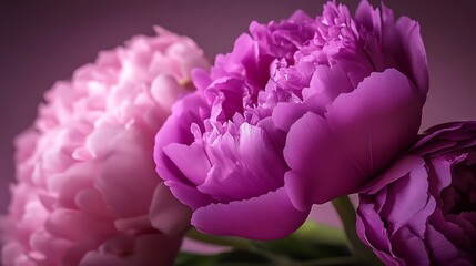 Closeup of Pink and Purple Peonies Simple Neutral Background with Free Space for Design