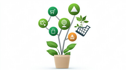 A potted plant with icons representing sustainability, commerce, and nature, symbolizing growth and eco-friendly practices.