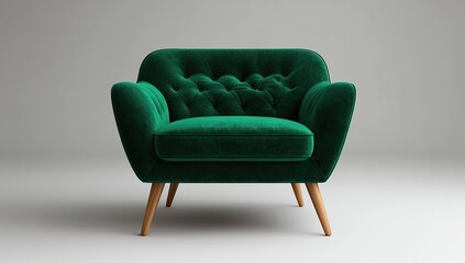 Fototapeta premium Modern green velvet armchair with wooden legs, front view, against a grey background