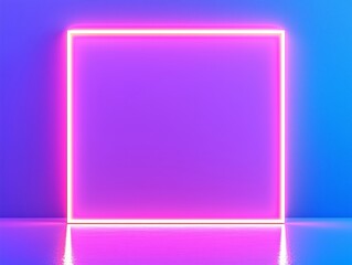 Pink neon square frame on purple and blue gradient background. Product display concept. Design for banner, poster and background with copy space.