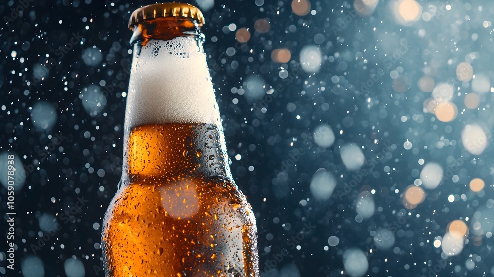 Aufkleber closeup of a chilled beer bottle with water droplets glistening under dramatic studio lighting creat