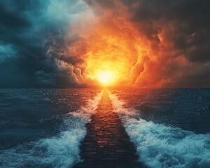 Obraz premium Visual of a path leading to a sunrise labeled Allowed and a stormy cloud labeled Prohibited, symbolizing the journey towards positive thinking and the avoidance of negativity