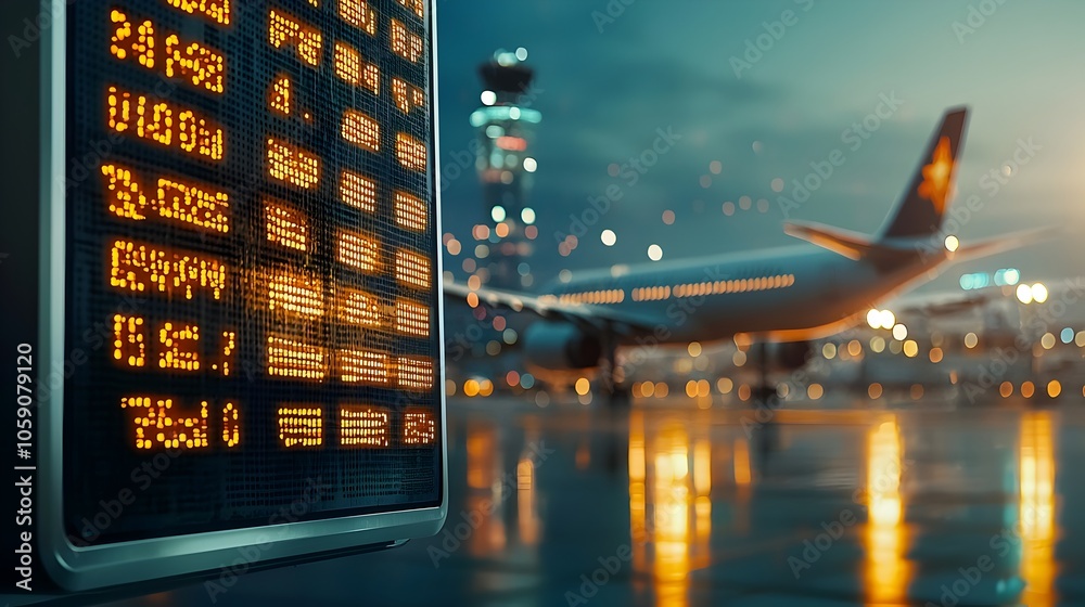 Aufkleber closeup of a departure board in an airport terminal displaying multiple flight delays and cancellati