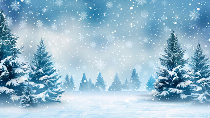 Obraz premium Winter Background with Christmas Trees in the Snow and Snowflakes