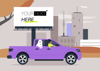 A lively pickup truck drives through an autumn landscape, showcasing colorful leaves and a cheerful dog enjoying the ride alongside its owner, capturing the essence of seasonal adventure © nadia_snopek