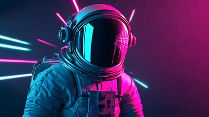 An astronaut stands in a futuristic setting with neon lights, suggesting a journey into space - Powered by Adobe