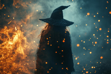 witch silhouette casting spells in a dark forest with mystical fire and smoke, creating an enchanting fantasy atmosphere for halloween