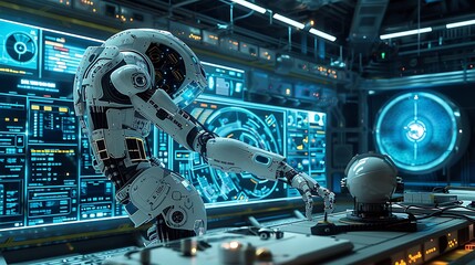 A futuristic robot interacts with a spherical object in a high-tech control room filled with screens and data displays.