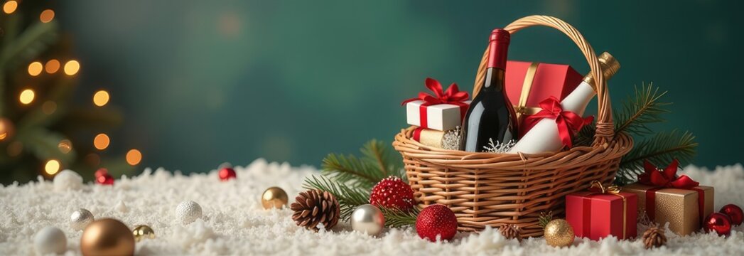 champagne with christmas basket with bottle, gifts with red satin ribbon, candy canes, pine cones, golden garlands , new year celebration concept