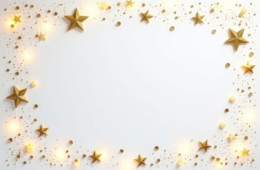 Gold frame mockup with copy space top view and Xmas decoration in gold white colors on white background isolated. Christmas background.