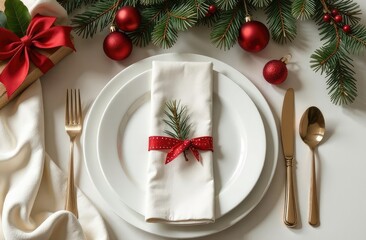 Christmas table place setting with christmas pine branches and plate, kine, fork and spoon.Christmas holiday background.Top view.