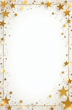 Gold frame mockup with copy space top view and Xmas decoration in gold white colors on white background isolated. Christmas background.