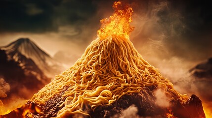 Outdoor photo of volcanoes bursting with noodles