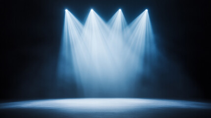 
Vertical and diagonal beams of light cascading across the stage, sharp white and blue contrasts,