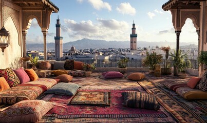 Obraz premium Rooftop terrace with city view, pillows, and rugs.