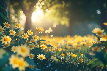 A sunlit meadow filled with vibrant yellow flowers and greenery, evoking tranquility and beauty.