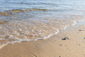 A serene view of gentle waves and seafoam softly rolling onto the sandy beach in summer.