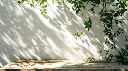 Sunlight on green tree branches casting shadows on white wall and wooden table with empty space.