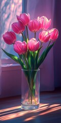 Fototapeta premium A tulip in a glass vase banner with natural light and colorful backgrounds