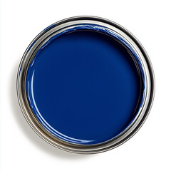 Top View of an Open Paint Can Filled with Deep Blue Paint, Smooth Surface, Metallic Can Rim, Isolated on a Bright White Background