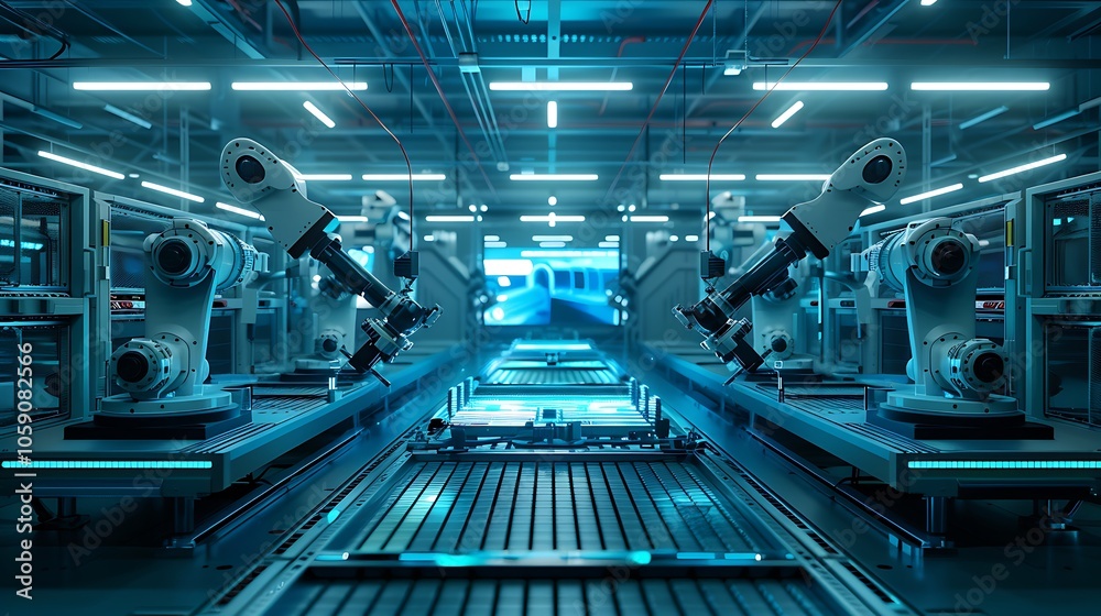 Leinwandbilder a futuristic industrial setting featuring robotic arms working in unison within a high-tech manufact